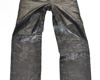 Vintage Women's Leather Biker Motorcycle Casual Black Pants Trousers Size W27" L32"