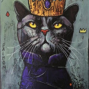 May include: A regal portrait of a black cat wearing a gold crown with a purple gem. The cat has yellow eyes and a red nose, with the word "PAIMON" written on the side. The background is a textured teal color.