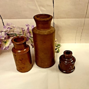 Old stone jars, 3 x stone jars for kitchen decor. Brown salt glaze storage jars.
