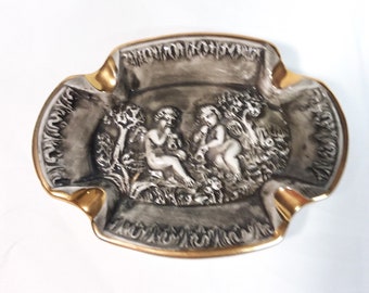 Vintage Capodimonte Ashtray: Cherubs with Pipes, Gold Trim