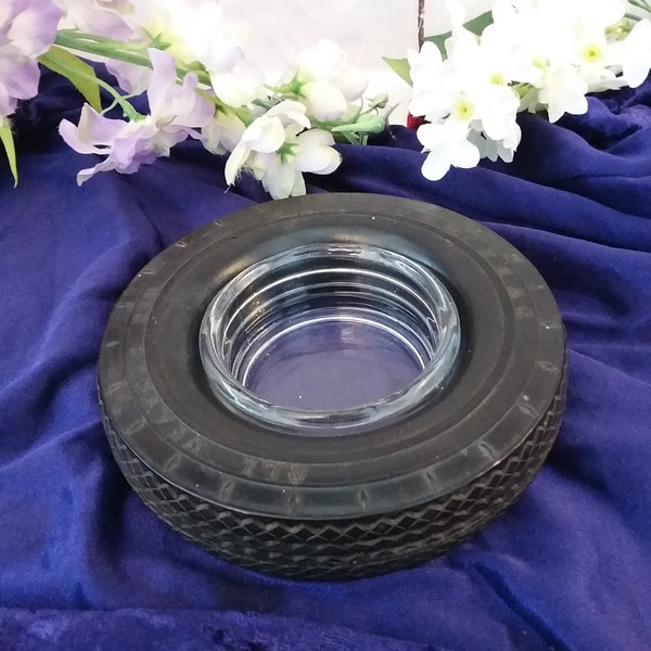 Ashtray, miniature Goodyear tyre, all weather tyre with glass insert, home or office decor, pin tray.
