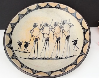 African Soapstone bowl, large hand painted tribal art, stone bowl, measuring 10&quot; across. Heavy soapstone for home decor.