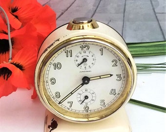 Alarm clock, Junghans clock, wind up manual alarm clock, vintage German clock gold and cream working alarm clock.