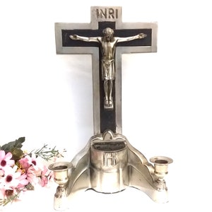 Silver Crucifix with holy water font, and candle holders. Jesus on the cross, for home decor and prayers. Jesus Christ Figurine