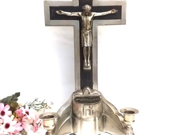 Crucifix with holy font, bright, beautiful Vintage Silver cross of Christ with Candle Holders.