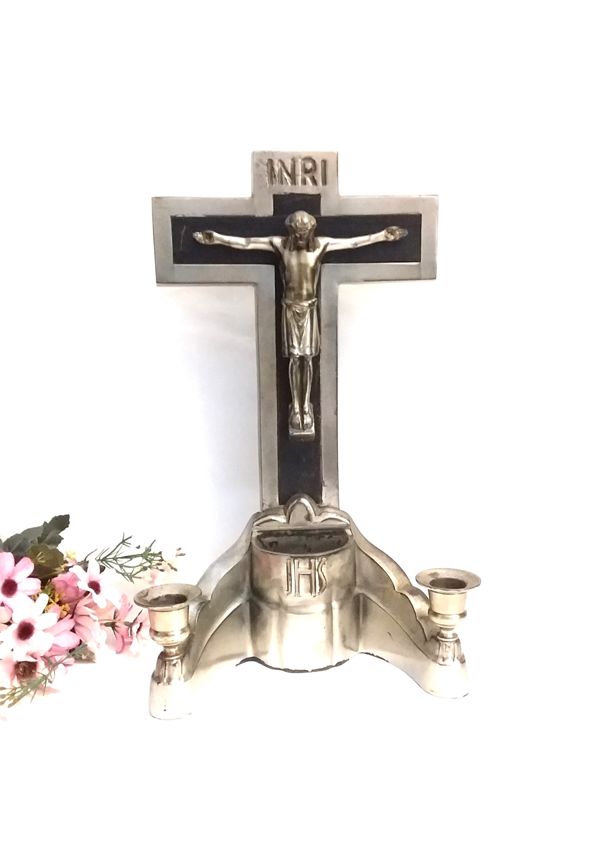 Silver Crucifix with holy water font, and candle holders. Jesus on the cross, for home decor and prayers. Jesus Christ Figurine