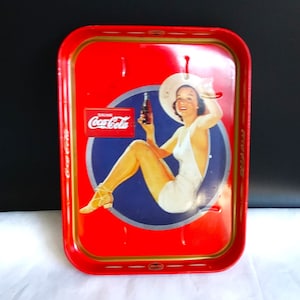 Coca Cola Tray, Coca Cola beach tray, drinks tray, vintage advertising metal tray. 1950s beach ware, bathing beauty.