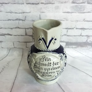 Wine pitcher, Marzi Remy Castles, vintage German Wine jug, cream and Cobalt blue, with grapes and leaves. No.2956, holds 280 ml.