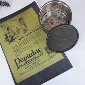 1930s, tin box Peptalac milk food, with advertising poster, rare find, 1937, pre digested milk food, clean vintage collectible tin.