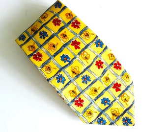 Designer tie yellow and multi coloured floral design for any occasion. Party tie, smart tie, birthday tie, interview tie or wedding tie.
