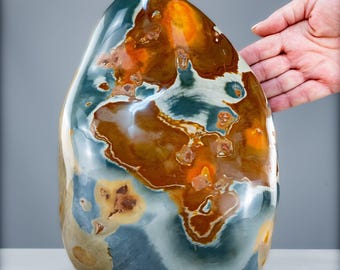 May include: A large, polished, freeform stone specimen featuring a smooth, glossy surface with a marbled pattern of deep blue-gray, earthy brown, and vibrant orange-yellow inclusions, displaying natural crystalline textures throughout the stone.