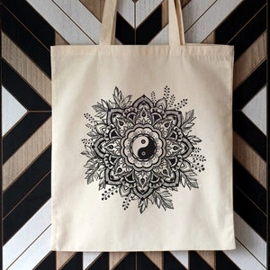 Yin Yang Mandala Tote Bag: Retro Spiritual Balance, 100% Cotton