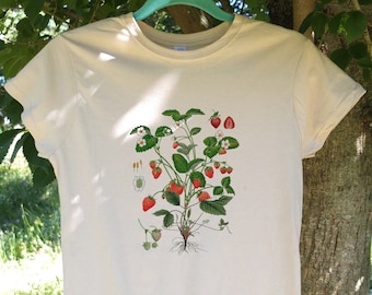 Vintage Strawberry Tee: Botanical Print, Soft Cotton T-Shirt
