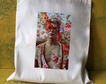 Bowie in Blumen-T-Stück, Sänger-Pop-Rockmusik, natürliche Kunstgeschenkdruck-T-Shirt Weinlese bedruckte Baumwolltaschentasche
