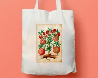 Botanical Pomegranate Art Print Tote Bag: Vintage Retro Cotton Shopping Bag