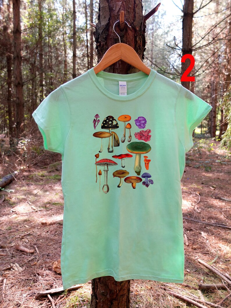 May include: A light green t-shirt with a colorful mushroom illustration. The shirt has short sleeves and a crew neck.