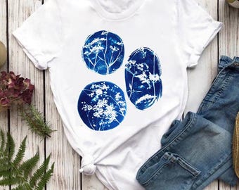 Blue Meadow Botanical Art Print T-Shirt, Soft Cotton Tee