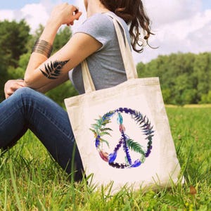 Botanical Peace Sign Tote Bag: Boho Cotton Shopper