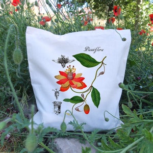 Passiflora Flower Print Tote Bag: Vintage Botanical Cotton Shopping Bag