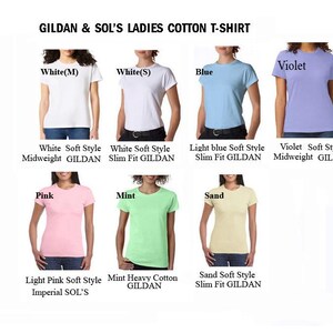 May include: A display of six different coloured t-shirts, including white, blue, violet, pink, mint, and sand. The t-shirts are labelled with their colour and style, such as "White Soft Style Midweight GILDAN" and "Light Pink Soft Style Imperial SOL'S".