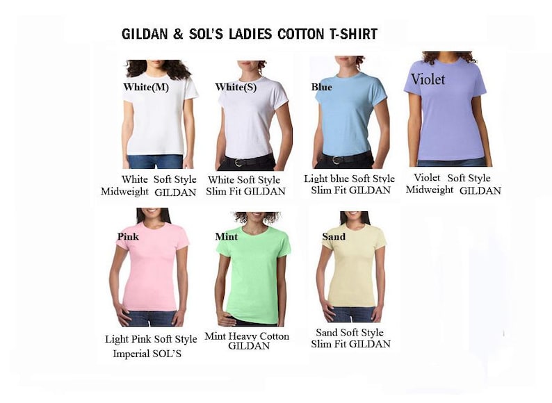May include: A display of six different coloured t-shirts, including white, blue, violet, pink, mint, and sand. The t-shirts are labelled with their colour and style, such as "White Soft Style Midweight GILDAN" and "Light Pink Soft Style Imperial SOL'S".