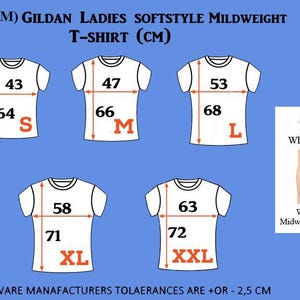 May include: Size chart for Gildan Ladies Softstyle Midweight T-Shirt in white. Sizes range from S to XXL with measurements in centimetres. The chart shows the width and length of each size.