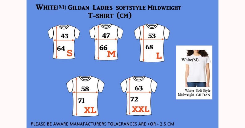May include: Size chart for Gildan Ladies Softstyle Midweight T-Shirt in white. Sizes range from S to XXL with measurements in centimetres. The chart shows the width and length of each size.