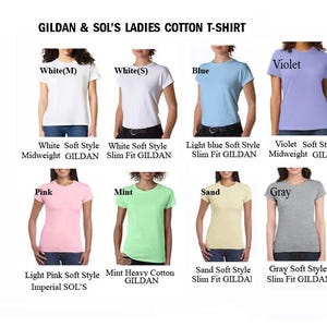 May include: A display of Gildan & Sol's Ladies Cotton T-shirts in various colors, including white, blue, violet, pink, mint, sand, and gray. Each shirt is modeled, showcasing different styles and fits, with text labels for color and style.