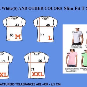 May include: Size chart for slim fit t-shirts in various colors, including white, pink, blue, violet, mint, sand, and gray. Measurements are provided for sizes S, M, L, XL, and XXL. The chart includes the text "PLEASE BE AWARE MANUFACTURERS TOLERANCES ARE +OR - 2,5 CM."