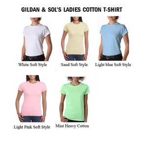 May include: Five different colored cotton t-shirts, including white, sand, light blue, light pink, and mint green. The t-shirts are all short-sleeved and have a crew neck. The text "GILDAN & SOL'S LADIES COTTON T-SHIRT" is at the top of the image.