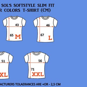 May include: Size chart for Gildan & Sol's Softstyle Slim Fit T-shirts in various sizes, including S, M, L, XL, and XXL. The chart shows the chest and length measurements in centimeters.