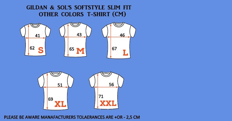 May include: Size chart for Gildan & Sol's Softstyle Slim Fit T-shirts in various sizes, including S, M, L, XL, and XXL. The chart shows the chest and length measurements in centimeters.