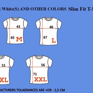 May include: Size chart for a slim fit t-shirt in white and other colours. The chart shows the chest and length measurements in centimetres for sizes S, M, L, XL, and XXL.