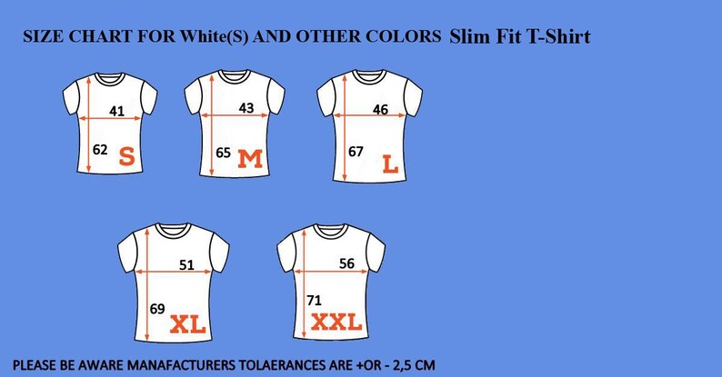 May include: Size chart for a slim fit t-shirt in white and other colours. The chart shows the chest and length measurements in centimetres for sizes S, M, L, XL, and XXL.