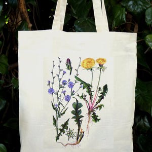 May include: A white canvas tote bag with a botanical illustration of a dandelion and chicory flowers. The illustration is in shades of yellow, blue, green, and brown.
