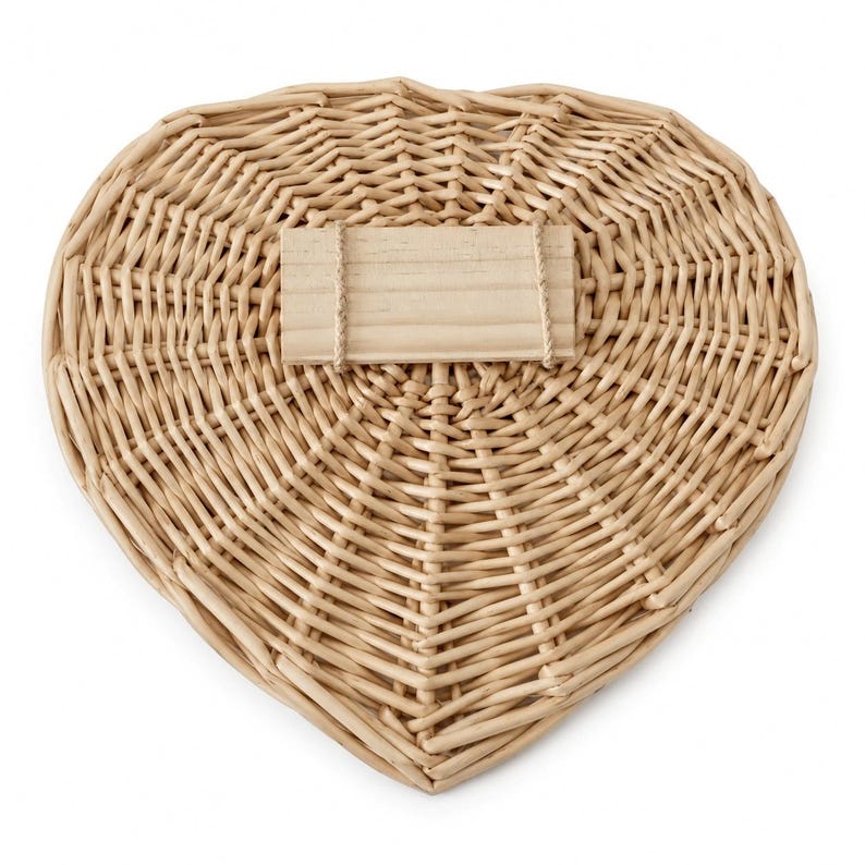 May include: A heart-shaped woven wicker basket with a light tan natural finish. The basket features a rectangular wooden plaque attached to the center of the weave, providing a flat surface for labeling or personalization within the design.