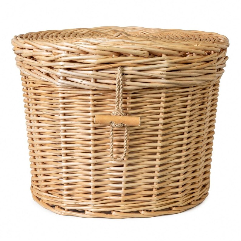 May include: A round, light brown woven wicker basket with a matching lid. The basket features a vertical weave pattern and a central closure mechanism consisting of a looped jute cord secured by a small, horizontal wooden toggle fastener.