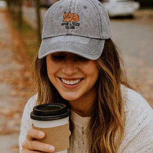 Vintage Cat Embroidered Cap, Cute Pet Hat, Nine Lives Club Cap, Gifts for Cat Lovers, Casual Accessory for Animal Enthusiasts