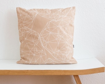 Handmade cushion cover 50 x 50 cm, beige with geometric design, organic cotton, modern home accessory, beach and nature motif