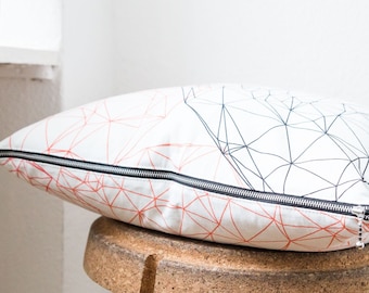 Cushion geometric organic cotton, modern sofa cushion coral black and white, handmade cushion cover lowpoly design with zipper