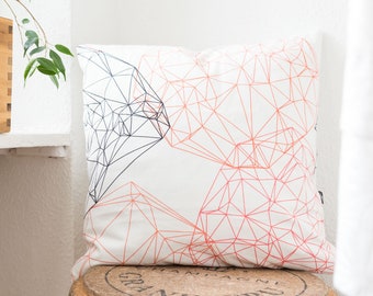 Modern cushion geometric design coral, white, black, cushion cover with low poly motif and triangles