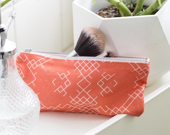 Handmade cosmetic case in coral and white, organic cotton, versatile storage for cosmetics and pens, best friend gift