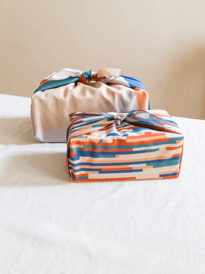 Furoshiki Set beige blau rot, japanisches Geschenktuch aus Baumwolle, nachhaltige Geschenkverpackung aus Stoff, Weihnachtsgeschenk verpacken zdjęcie 2