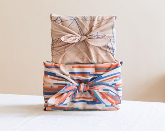 Ensemble Furoshiki grand et petit, bleu beige rouge, tissu cadeau japonais en coton, emballage cadeau durable en tissu