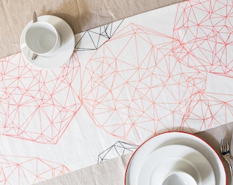 Modern table runner geometric design white, pink, orange 35 x 155 cm, hand-sewn runner for dining table and dresser Easter, Christmas