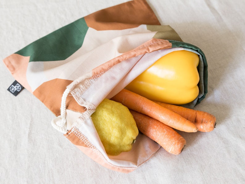 Set of 2 cotton roll bags, unpackaged shopping bread bags beige green brown, project bag wool, reusable vegetable bag image 3