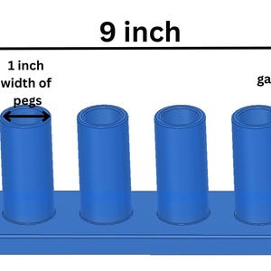 May include: A blue plastic rack with six cylindrical pegs. The total length is 9 inches, each peg is 2 inches tall with a 1 inch width, and there is a 1/2 inch gap between each peg. The structure features a flat base with a connector on one end.