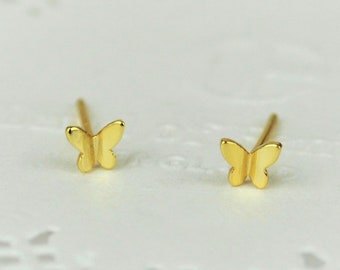 Tiny gold butterfly stud earrings, Dainty sterling silver butterfly studs, Minimalist gold cartilage earring