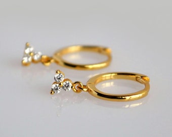Small gold huggie hoop earrings, Tiny sterling silver cartilage hoop, Flower charm hoop earrings