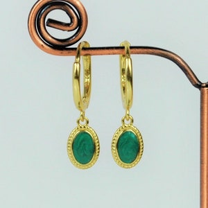 Gold Dangle Huggie Hoop Earrings • Small Sterling Silver Hoop Earrings • Dainty Gold Hoops with Green Drop Charms